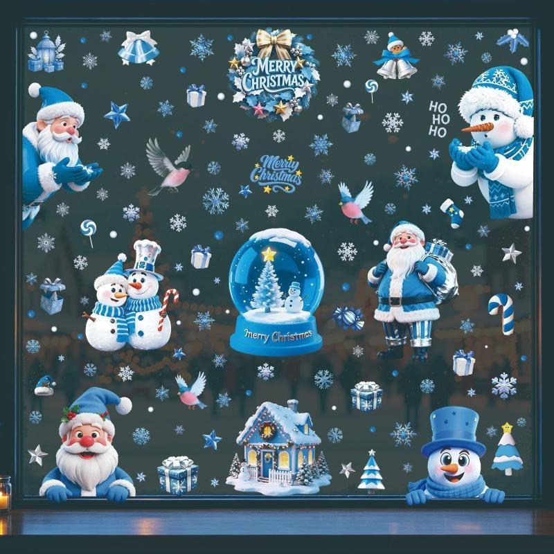 Christmas Decorative Glass Sticker Snowflake Snowman Blue Crystal Ball Theme Non-residue Window Decal for Xmas Party Home