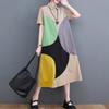 Short Sleeve Patchwork Contrast Color Dresses for Women Loose Casual Vintage Dress Fashion Elegant Clothes Spring Summer 2025