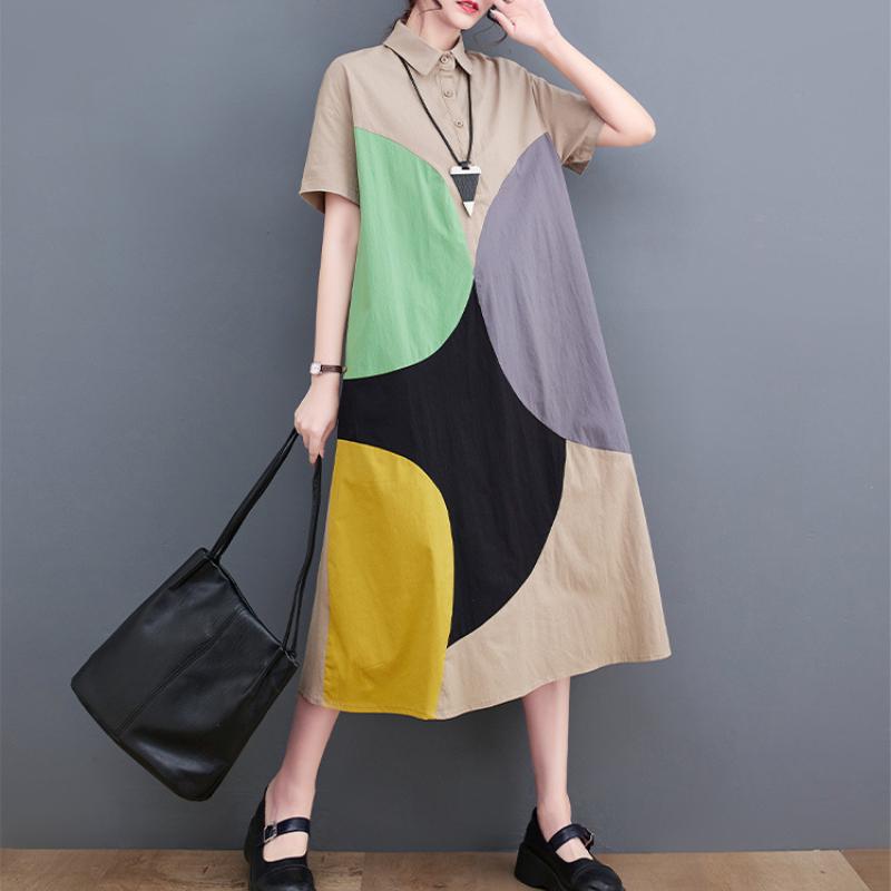 Short Sleeve Patchwork Contrast Color Dresses for Women Loose Casual Vintage Dress Fashion Elegant Clothes Spring Summer 2025