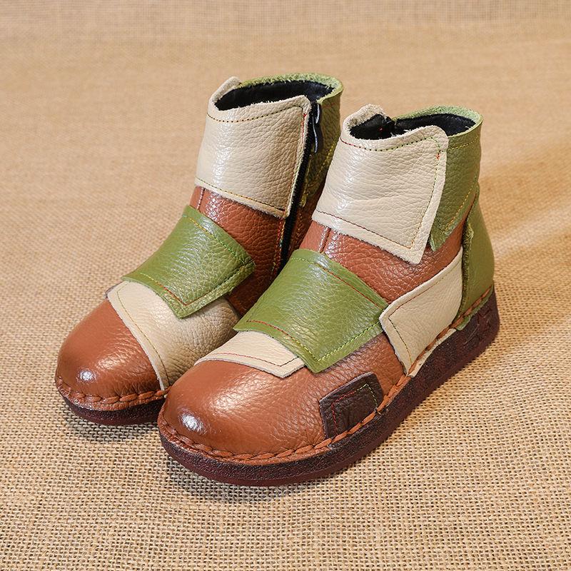 Vintage patches genuine leather ankle boots woman luxury snow shoes waterproof short plush boot women autumn booties lady flats