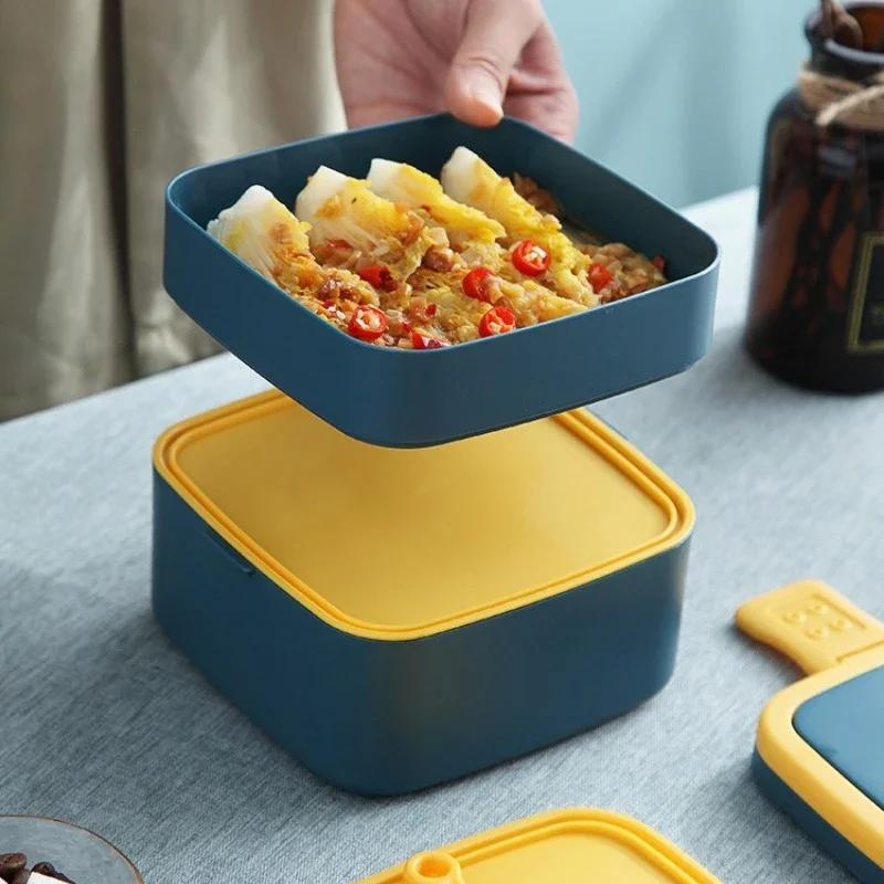 Handheld Double Bento Box Portable with Spoon Sealed Leak-proof Microwave Food Container for Students Office Workers Lunch Box