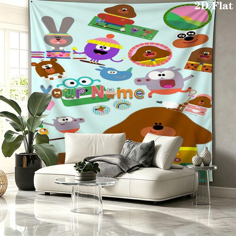 Hey Duggee Custom Name Wall Tapestry Aesthetic Wall Hanging Printed Fabric Blanket Decorative Tapestries for Bedroom Living Room Home Decor