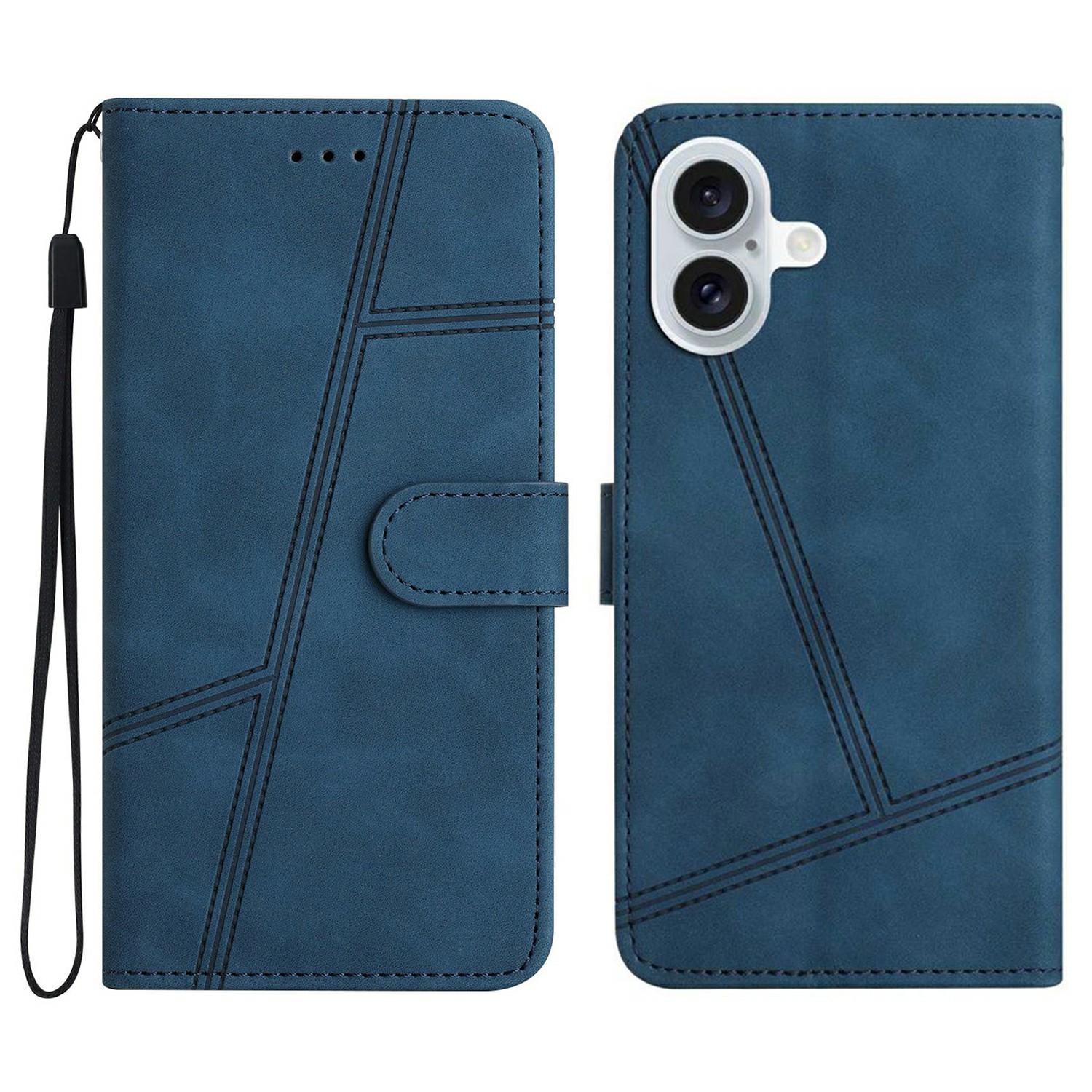 

For iPhone 17 Case Flip Leather Retro Phone Cover Lines Imprinted Blue