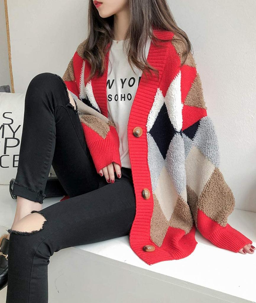 Henri Fluffy Argyle Thick Warm and One Size Fits Korean Short Long Long Sleeve Adult Down Lightweight Boa Long School Cardigan, Outerwear,