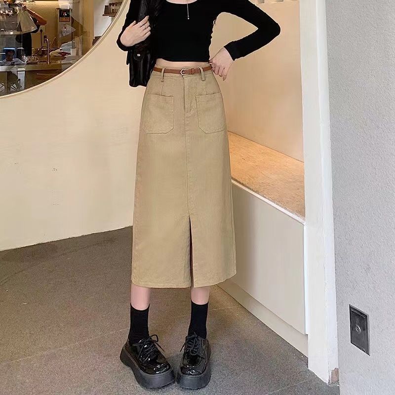 Korean Fashion Summer Women's Denim Skirts Solid Pockets Zipper Split Young Style Casual Slim Mid-length Bag Hip Straight Skirt
