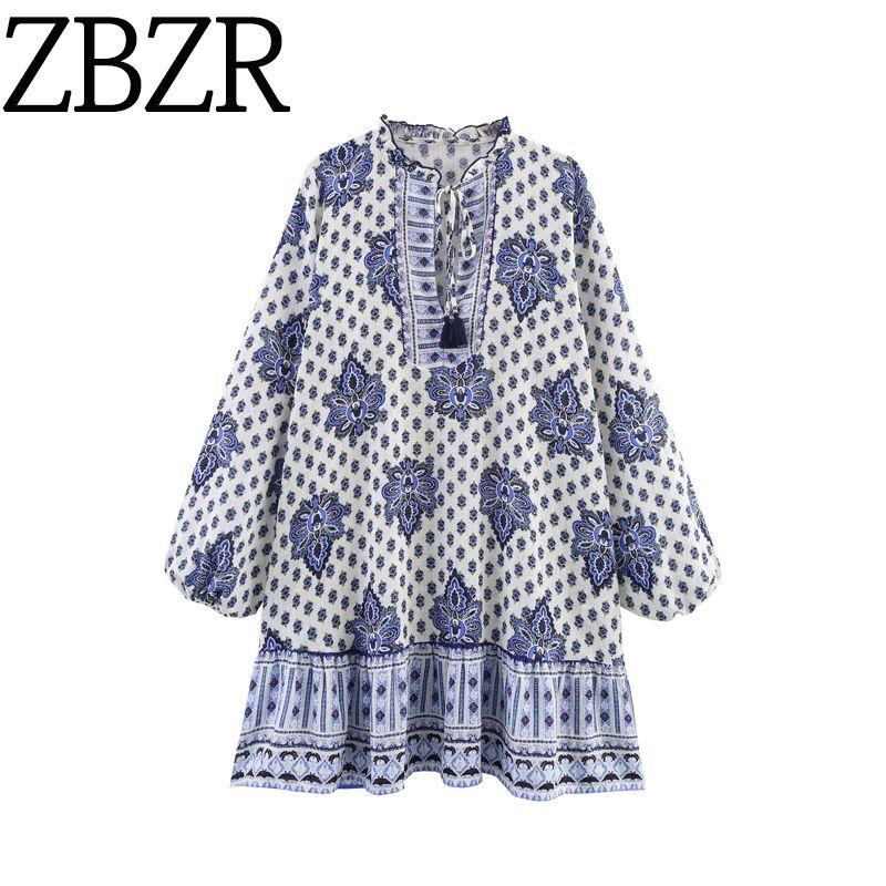 Zbzr Spring New Women Clothes Western Style Print Long Sleeve V-neck Elegant Mini Dress 5029105 080
