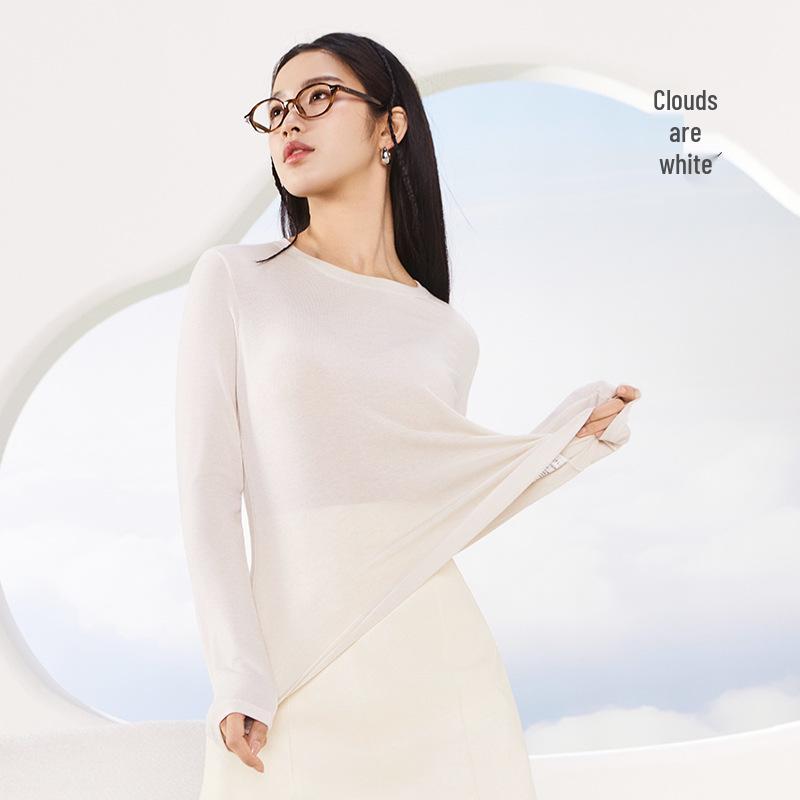 

Базовая рубашка с воротником из шерсти тенсел: Шелковистый, Легкий, Теплый, С круглым вырезом, Вязаный топ с длинным рукавом для осени/зимы для женщин. M