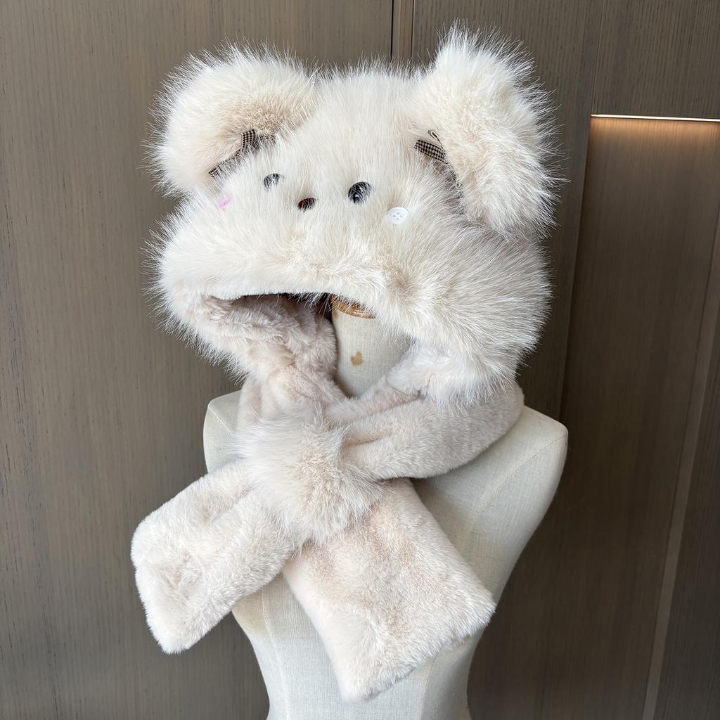 Cute Bear Ears Will Move Plush Hat, Scarf Integrated Women'S Winter Thickened Warm And Cold Ear Protection Lei Feng Hat