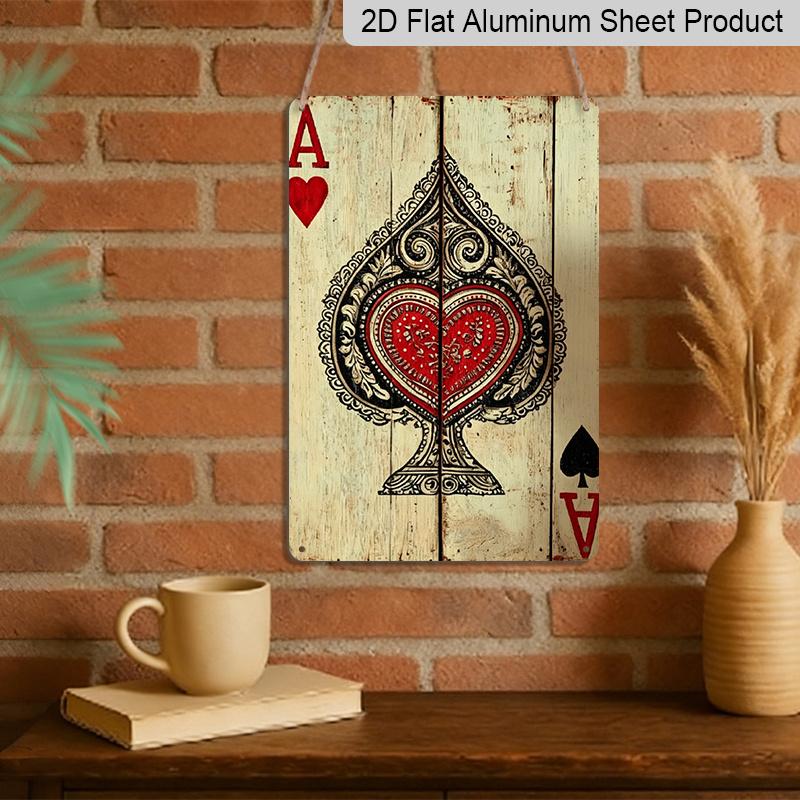 2D Flat 1pc Decorative Metal Sign | 8*12 Inch Vintage Poker Wall Decor Plaque, Retro Aluminum Sign with Heart Ace Design, Suitable for Home, Cave