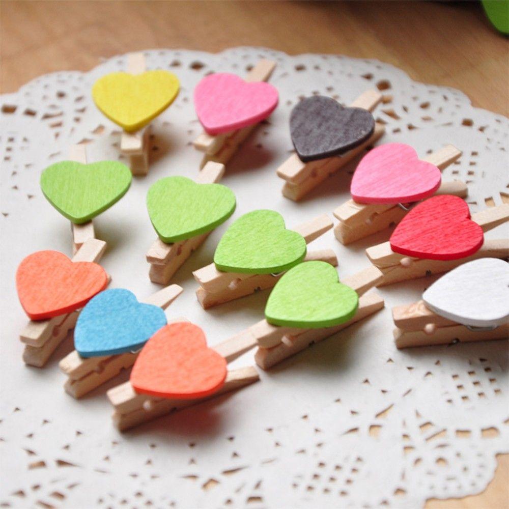 Shabby Chic Gifts Party Mini Heart Shaped Decor Supply Room Craft Wooden Photo Pegs Clips