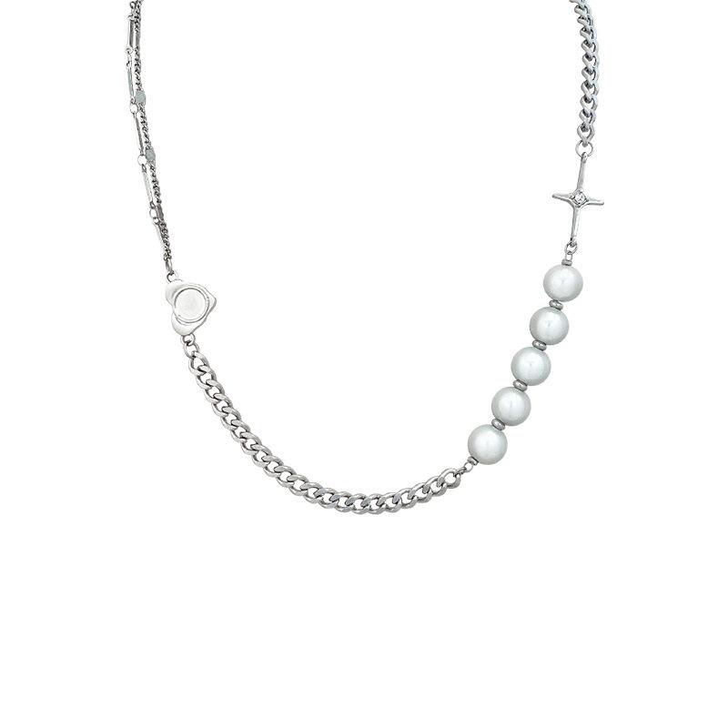 Love Pearl Necklace Asymmetrical Splicing Design Sense Niche Neck Chain Accessories Simple Individual Cold Wind Collarbone Chain