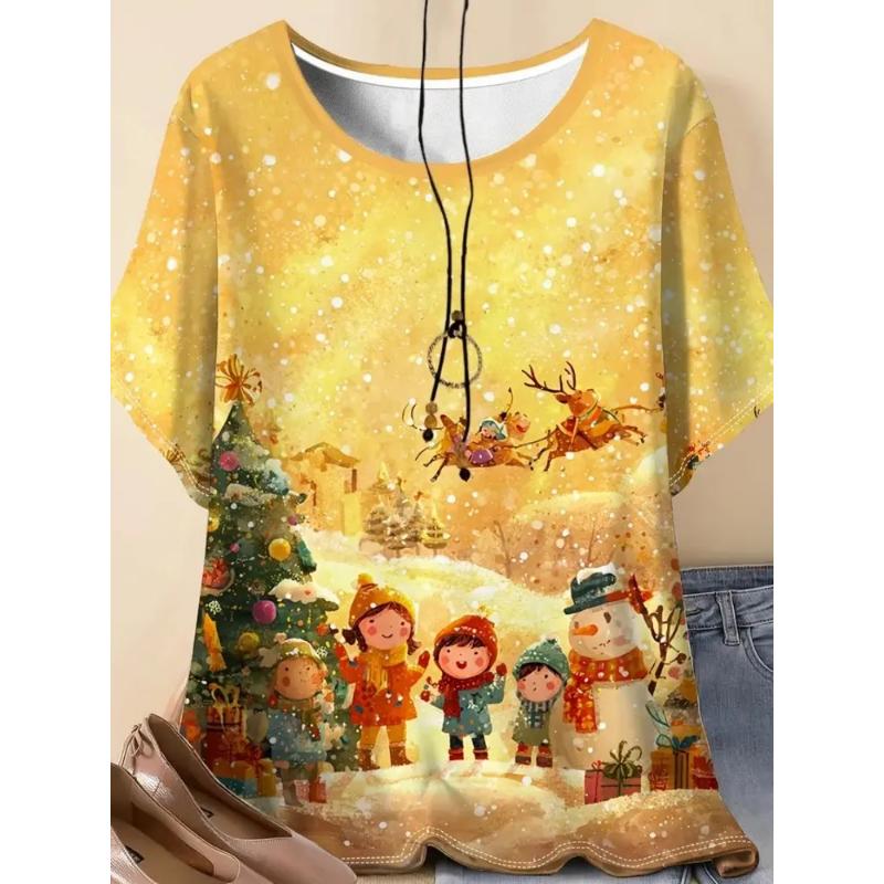 Moda para Mujer Cuello Redondo Manga Corta 3D Casual Estampado a Color Camiseta Casual de Manga Corta con Cuello Redondo