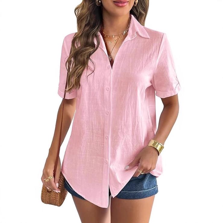 2026 Women s Retro Short Sleeve Workwear Shirt with Single Pocket and Lapel Small розовый