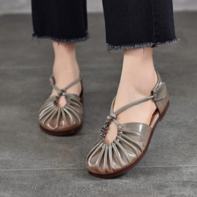 Genuine Leather Round Toe Soft Soled Flat Sandals Retro Pleated Women's Shoes