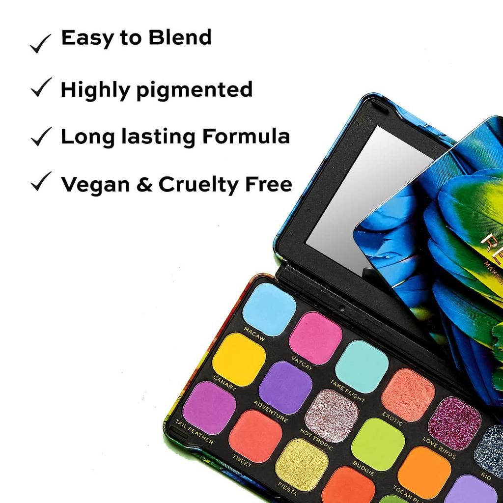 Makeup Revolution Forever Flawless Bird of Paradise Eyeshadow Palette | 18 Vibrant Tropical Shades in Mattes & Metallics | Bold Pigment, Easy Blend