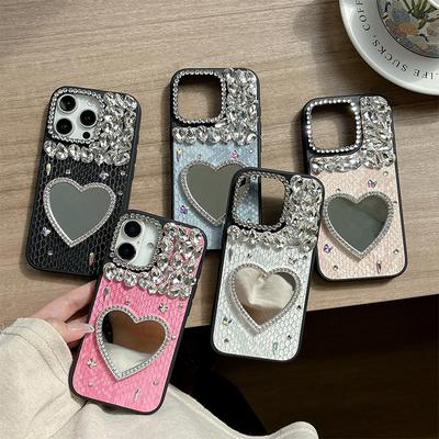 Rhinestone Love Mirror Mobile Phone Case for IPhone17promax Leather for Apple 16 Women's Model 15 Personality