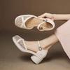 Fashion Cutout Mesh Wrapped Block Heel Sandals Women's New Summer Round Toe Shallow Mouth Platform Sole One-buckle Breathable High Heels