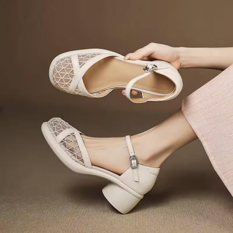 Fashion Cutout Mesh Wrapped Block Heel Sandals Women's New Summer Round Toe Shallow Mouth Platform Sole One-buckle Breathable High Heels