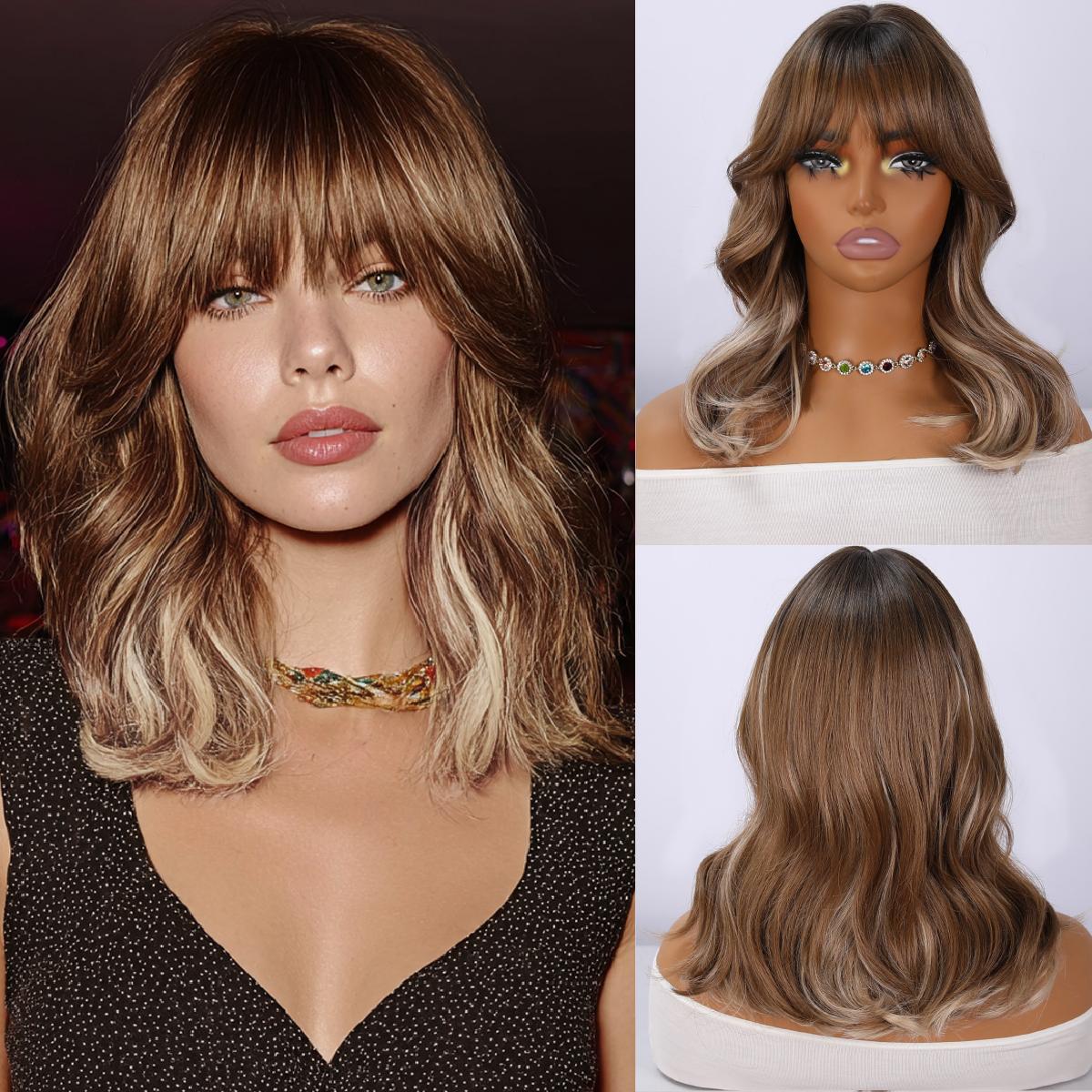 Fashion New 14-inch Brown Gold High-gloss Wig Hair Tail Micro-volume Natural Bangs High-temperature Heat-resistant Fiber Sm513 (as the picture,14 in)