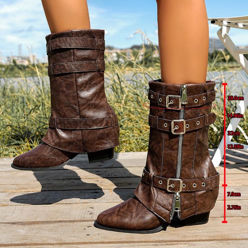 Punk Style Buckle Strap Motorcycle Boots Women Pointed Toe Chunky Heel Mid Calf Boots Woman Retro Pu Leather Knight Botas Mujer