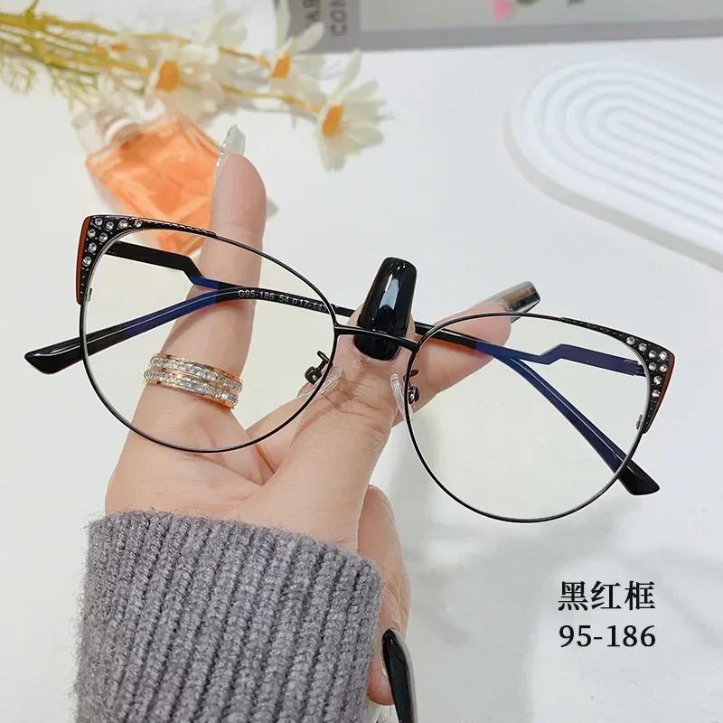 Anti Blue Light Glasses Cat Eye Vintage Diamond Metal Frame Women Optical Flat Mirror Eyewear