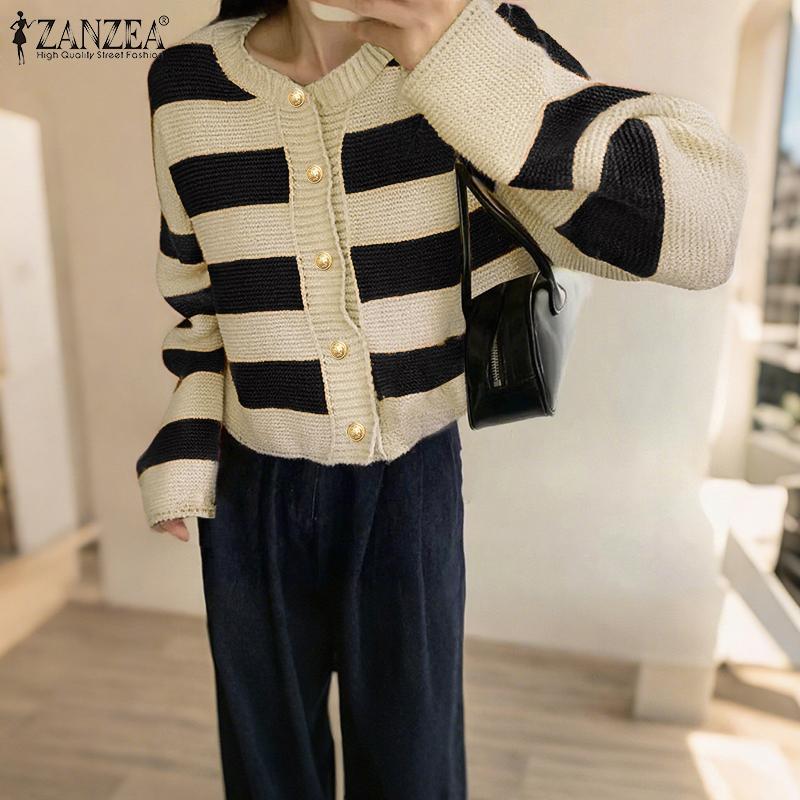 ZANZEA Autumn Spring Women Long Sleeve Striped Casual Knitted Stretch Sweaters Cardigans