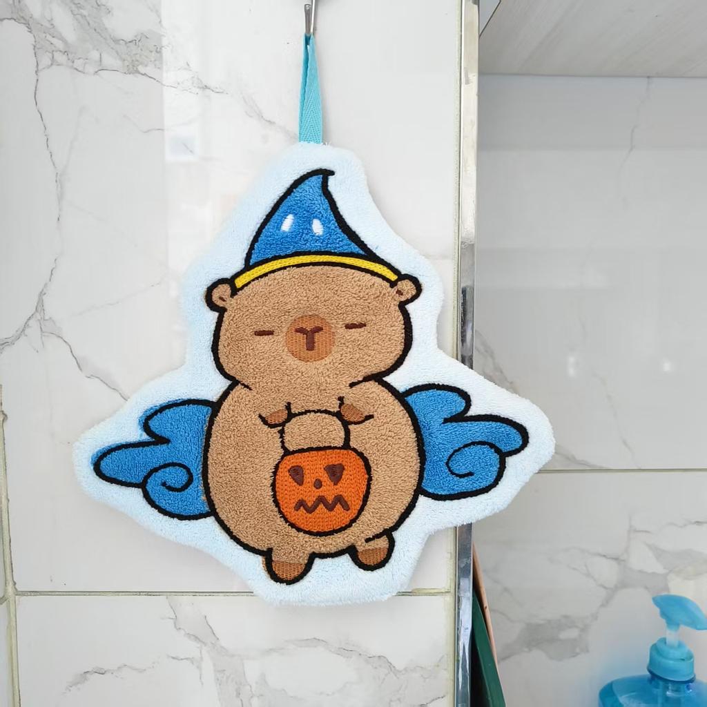 New Halloween Kapibara Hand Towel Hanging Type Home Kitchen Bathroom Coral Fleece Soft Water Absorption Quick Drying