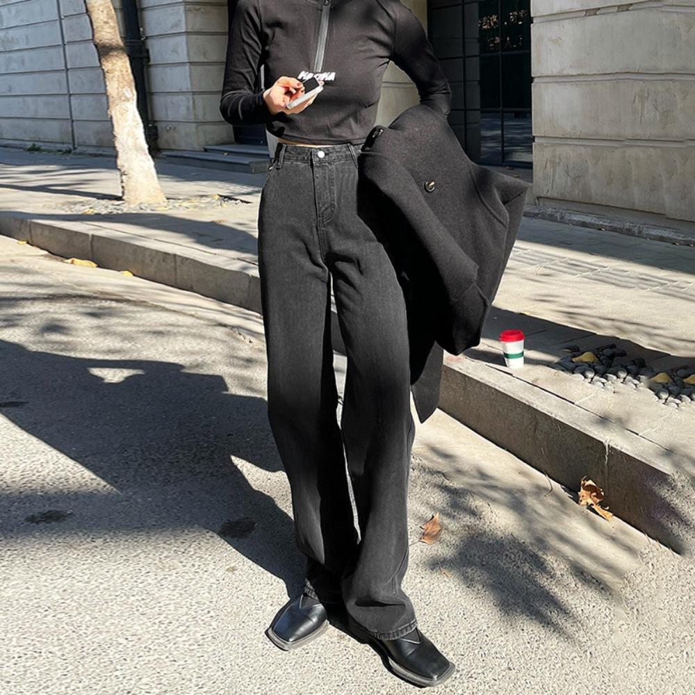 

Универсальные корейские джинсы свободного кроя с широкими штанинами для женщин, новинка 2025 года, с высокой посадкой и зауженные прямые брюки в пол для невысоких 2XL черный серый