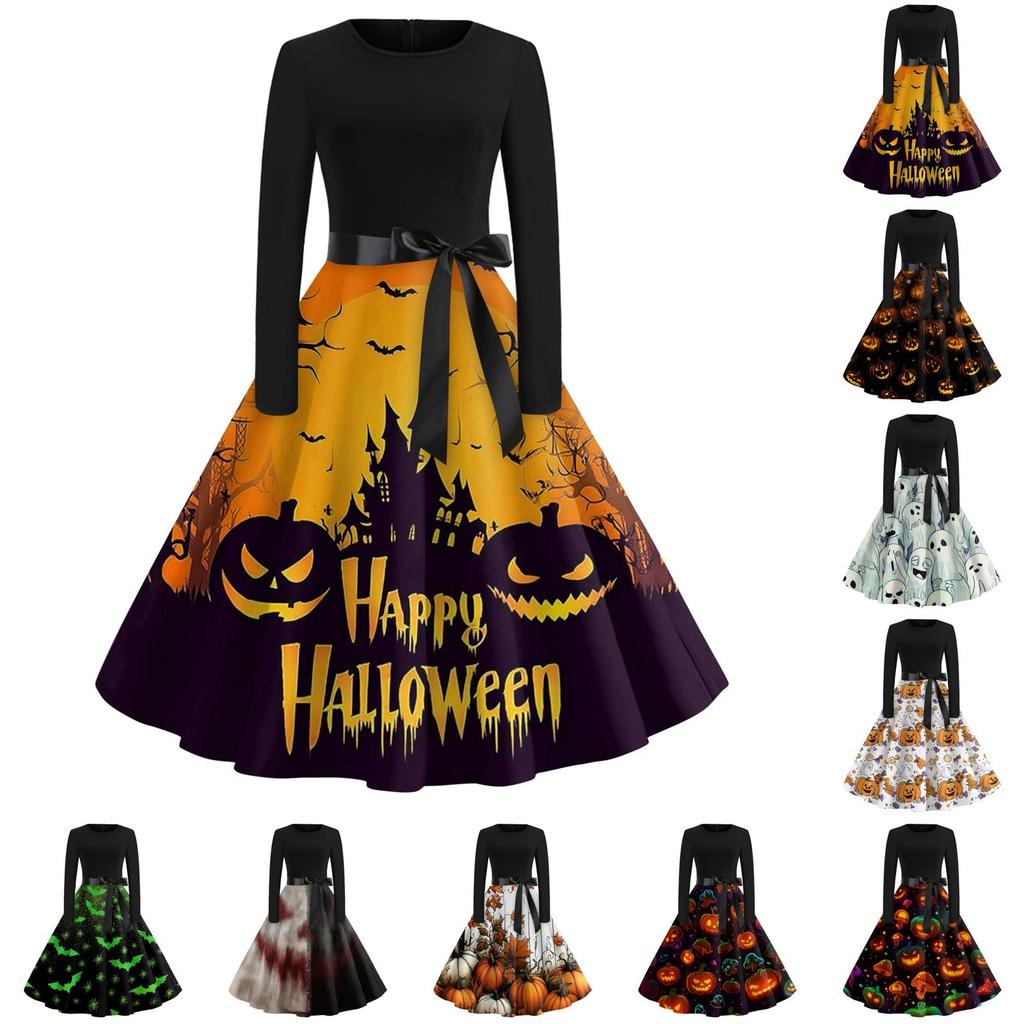 Women's Vintage Round Neck Dress with Halloween Print for Casual Fall Outings
