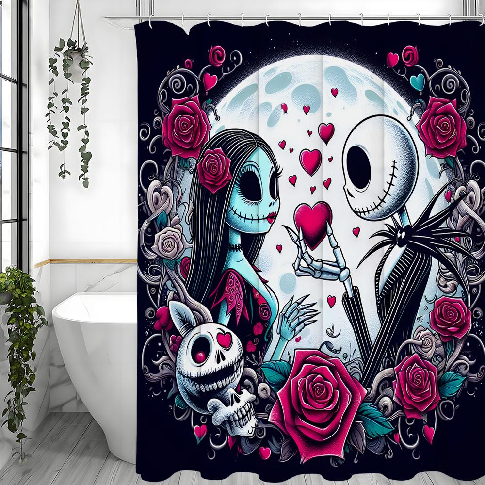 Halloween Scary Doll Rosebud Flower Shower Curtain, Bathroom Decorative Shower Curtain, Waterproof Shower Curtain with Hooks