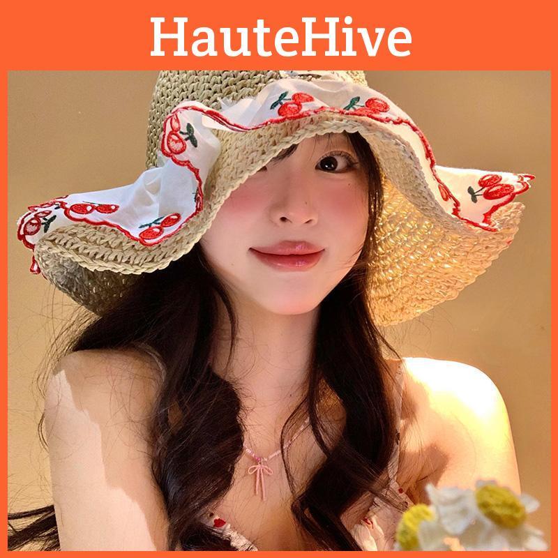 Lace Sun Cherry Hat Women Summer Beach Vacation Large Brim Sun Protection Cap