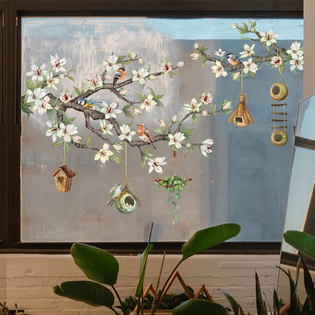 Uccelli su rami fioriti, adesivi murali rimovibili per finestre, decorazioni floreali artistiche per finestre in vetro.