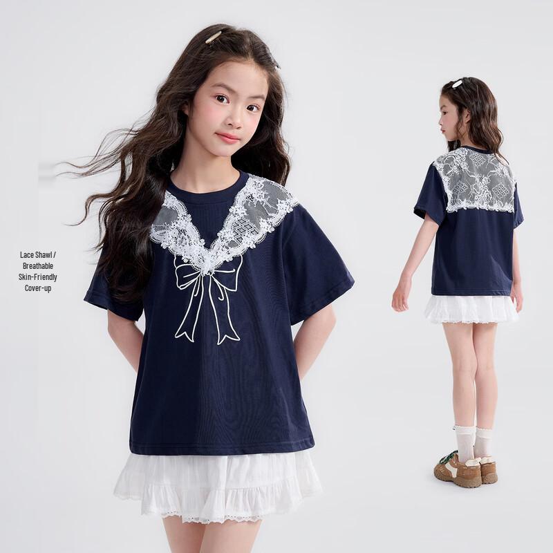 Girls Cotton Short Sleeve T-Shirt with Lace Trim 130 темно-синий