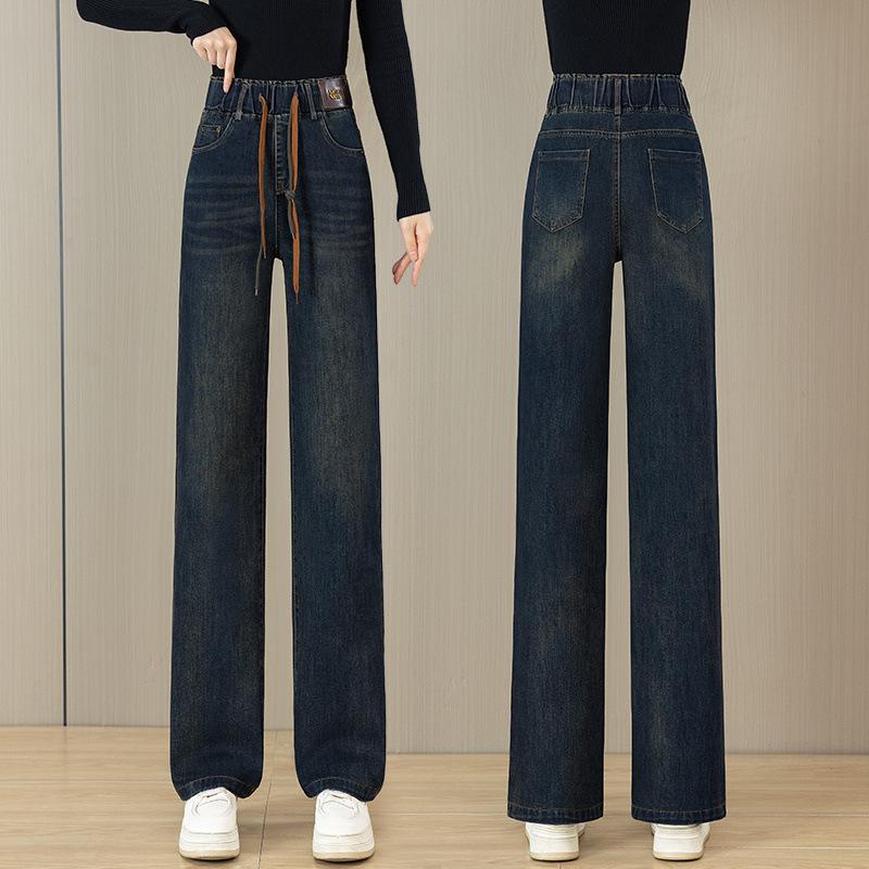 Women's Fleece-Lined Elastic Waist Denim Pants - Wide-Leg, Thickened for Autumn/Winter