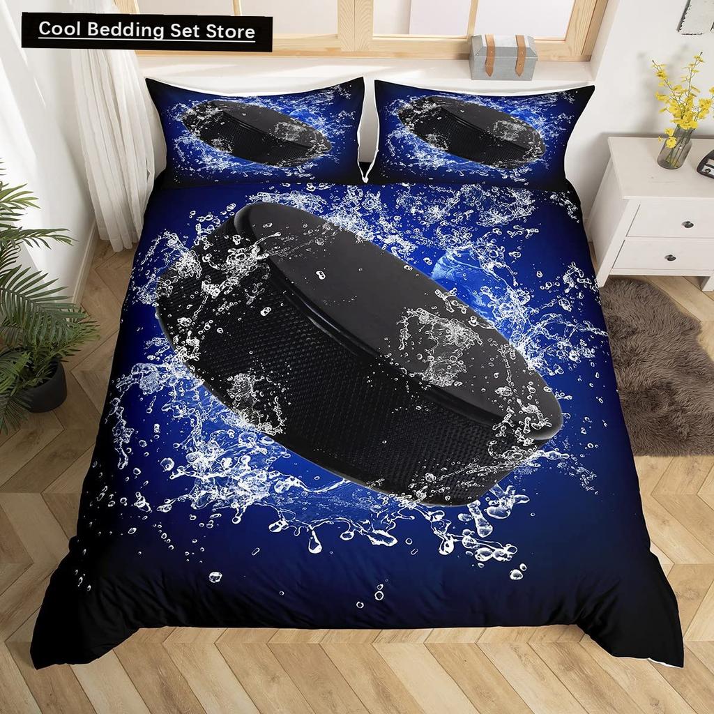 Comforter Ice Hockey Puck Hockey Player Winter Event Bedding Set Boys Sports Game Black Polyester Comforter