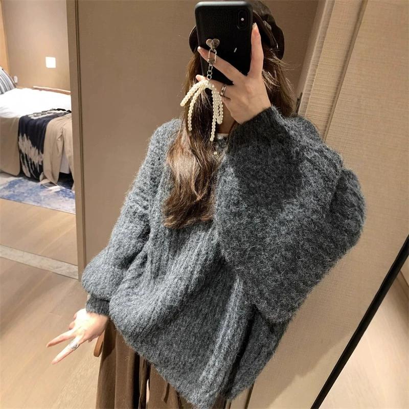 Lazy Style Loose Soft Waxy Round Neck Lantern Sleeve Sweater Women's Autumn and Winter Solid Color Pit Knit Sweater Plus Size Women's Clothing
