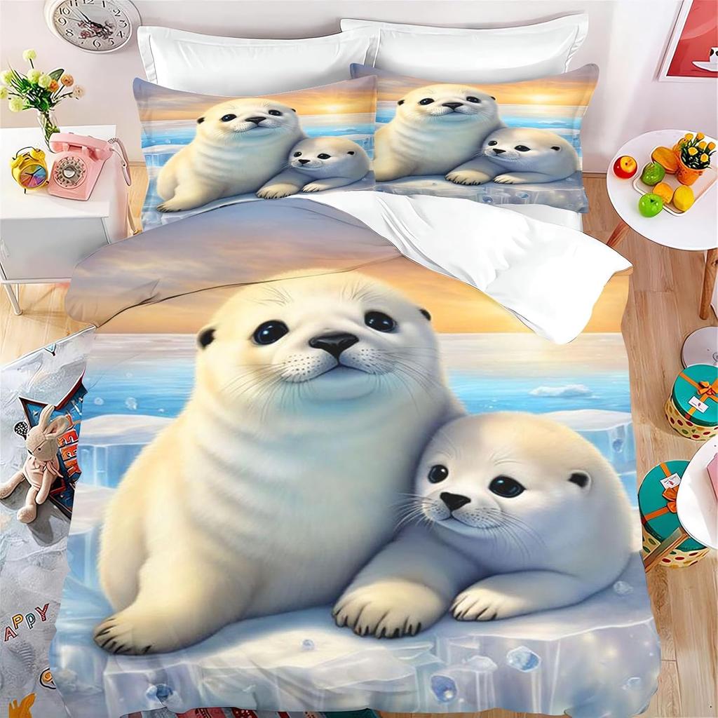 Set de lenjerie de pat cu animale focă pentru copii fete, Set husă de pilotă cu focă de desene animate, Husă de pilotă moale din microfibră cu fețe de pernă 75*50