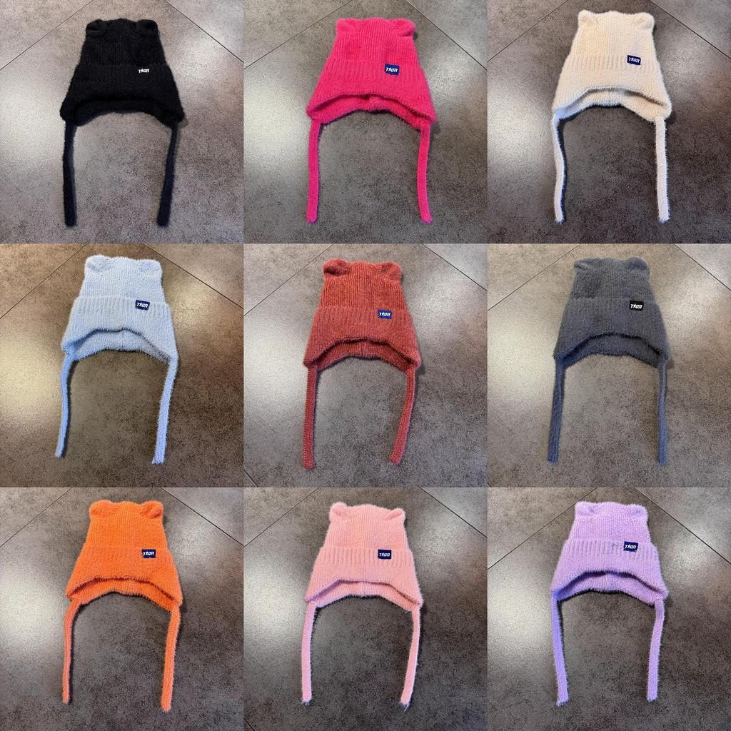 Candy Colored Sweet Cat Ear Shaped Women Warm Knitted Hat With Ear Protection