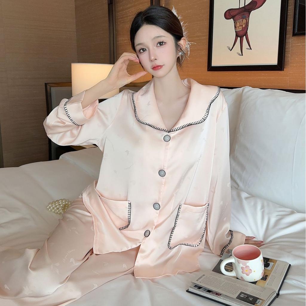 Ice silk pajamas women's 1011 autumn new simple clothes high-end can be worn outside loungewear long-sleeved thin pajamas autumn and winter