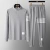 Men's Four-Bar Hoodie & Striped Sweatpants Set - Casual Sportswear Two-Piece