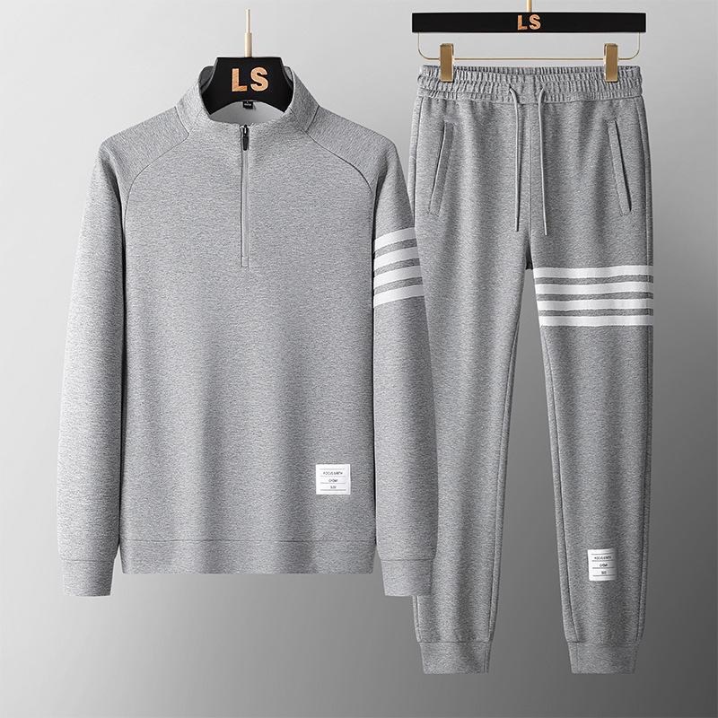 Men's Four-Bar Hoodie & Striped Sweatpants Set - Casual Sportswear Two-Piece