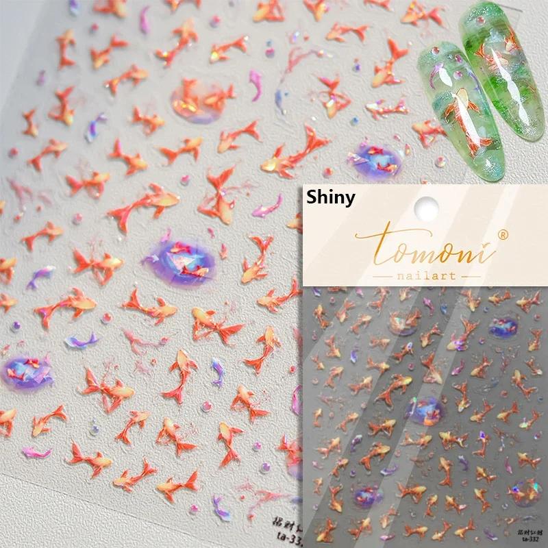 Red Brocaded Carp Koi Cyprinidae Auspicious Fish Spring Flower 5D Nail Art Stickers Fresh Vibrant Relief Adhesive Manicure Decal