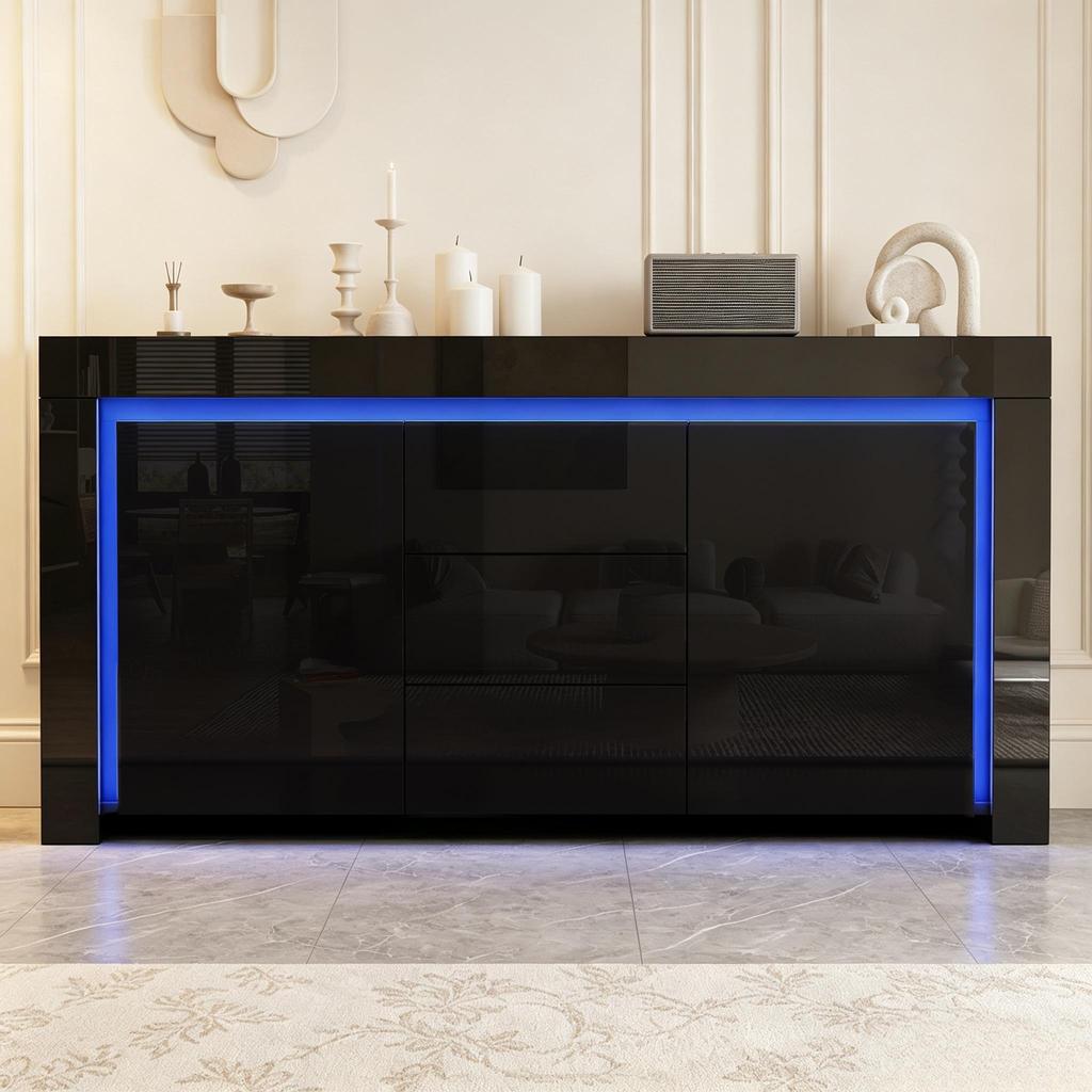 Mobile da soggiorno 140*40*65cm, Cassettiera con 3 cassetti, 2 ante, Mobiletto laterale laccato lucido con striscia luminosa a LED, Credenza con spazio contenitore, Nero