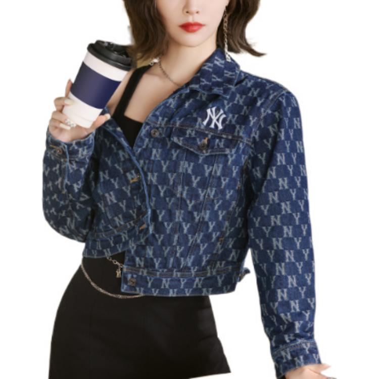 MLB Ss22 Logo All Over Print Knopf Langarm Lässig Jeansjacke Damenjacken Blau 3FDKM0321-50BLS