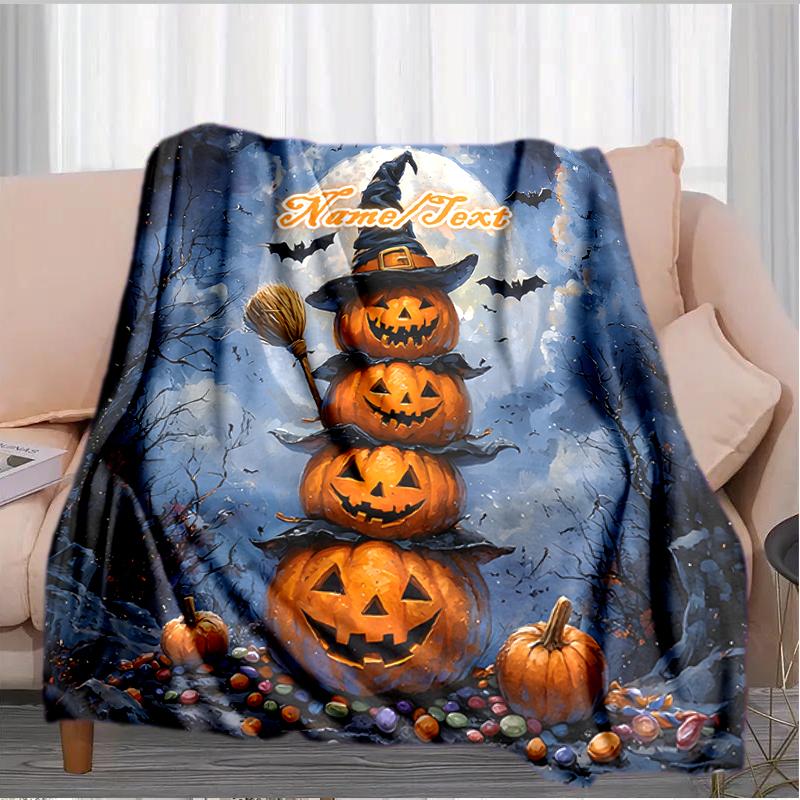 1PC Custom Name Halloween Pumpkin Stack outdooor Flannel blankets Throw Blanket All-Season Throw Gift Bedspread for Couch, Bed, Camping Holiday Birthd