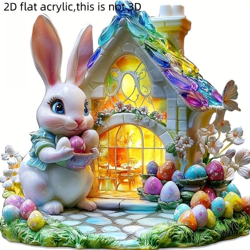 2D Flat Easter Bunny and Easter Eggs Acrylic Desktop Decorative Sign, Suitable for Wall Decoration, Porch, Room, Villa, Accents Home, Hallway, or Work
