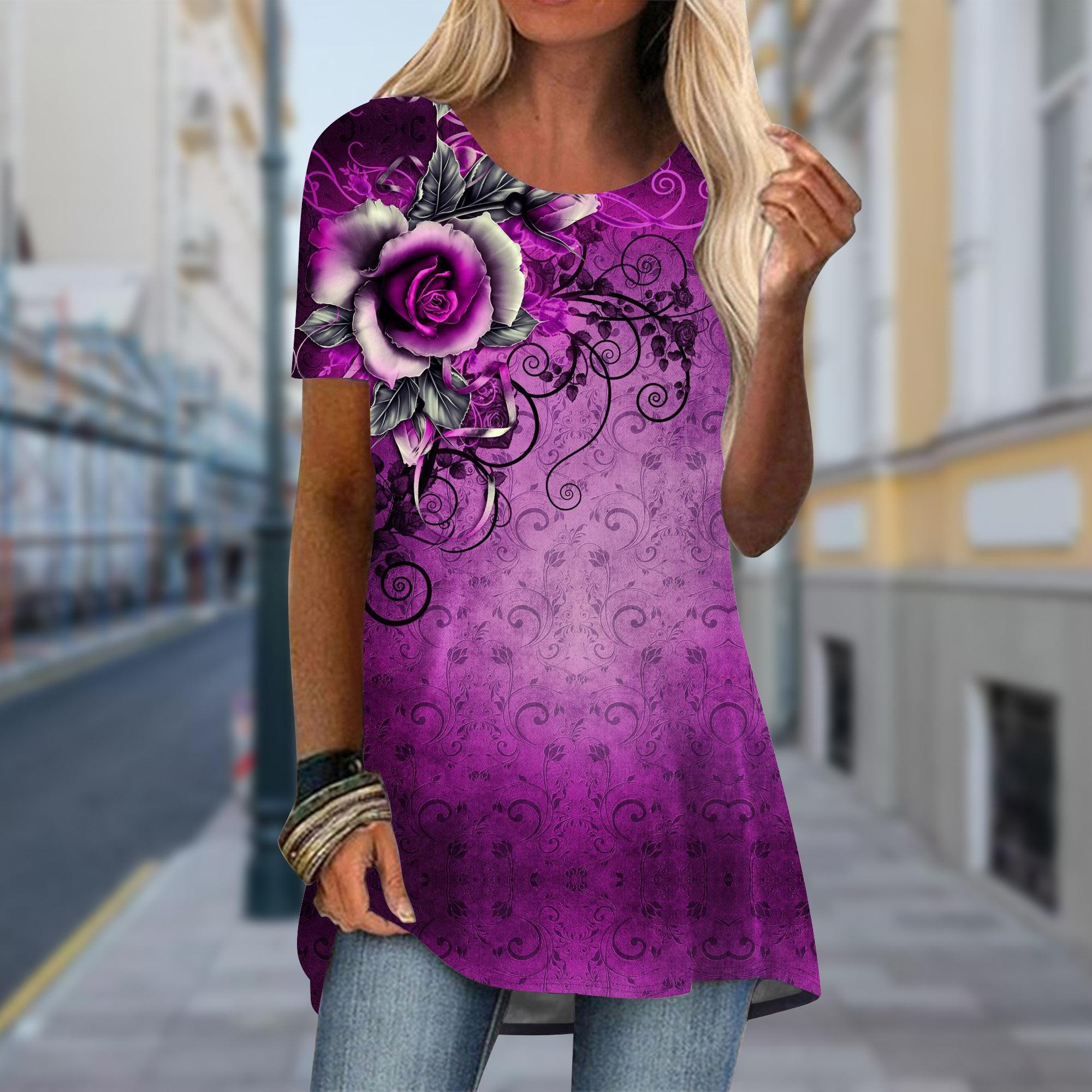 Плюс размер Женская весенняя синяя роза с принтом удобная футболка с коротким рукавом и круглым воротником повседневные мешковатые футболки средней длины 8XL