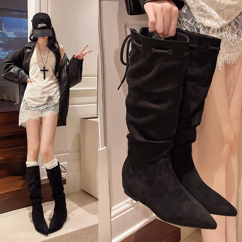 But knee tip inner height increase boots women's 2025 autumn and winter stacking boots lace-up suede versatile medium tube fashion boots