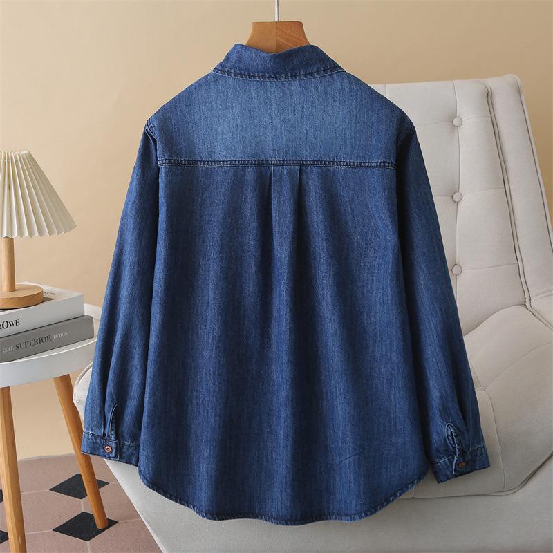 2026 Spring Plus Size Flowy Collar Denim Shirt for Women - Long Sleeve Slimming Jacket Fashion Top