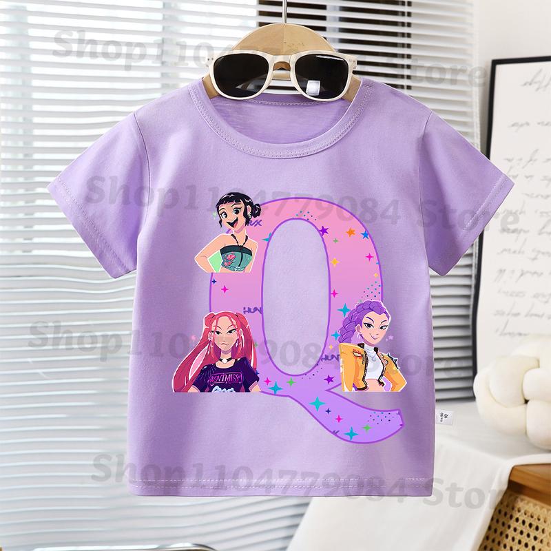 K-pop Demon Hunters Kawaii T-shirts for Children Cartoon Letter A-Z Printed Short Sleeves Top Boys Girls Summer Fashion T-shirt